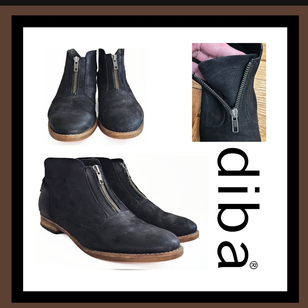 Diba Black Leather Front Zipper Ankle Booties Size 9.5